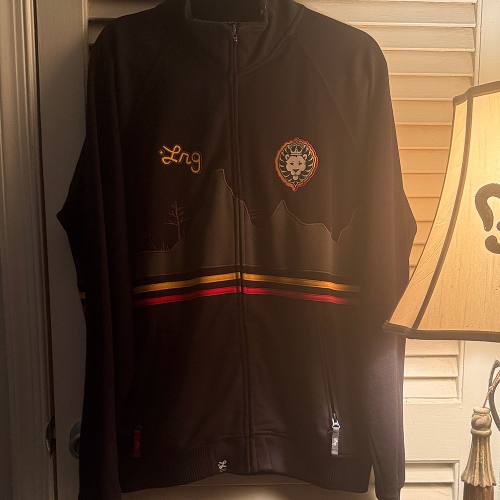 Men’s LRG Black Track Jacket with Red,& yellow stripes XL